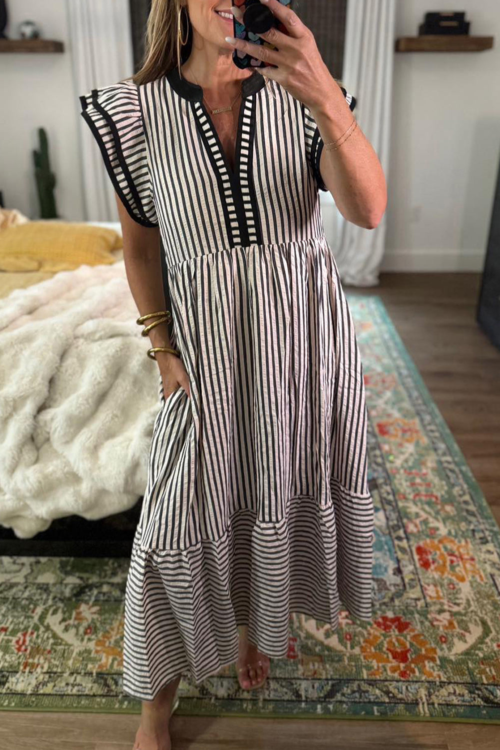 Brown Stripe Double Ruffled Short Sleeve Contrast Trim V Neck Midi Dress