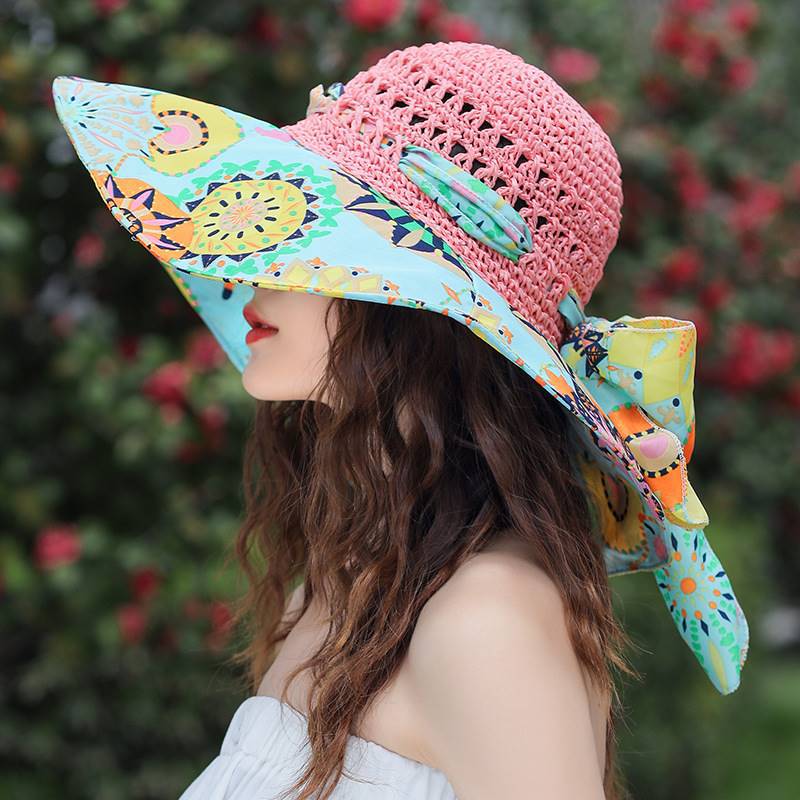 Women's Patterned Straw Beach Sun Hat – Round Crown UV Protection Summer Hat FitiqueFit