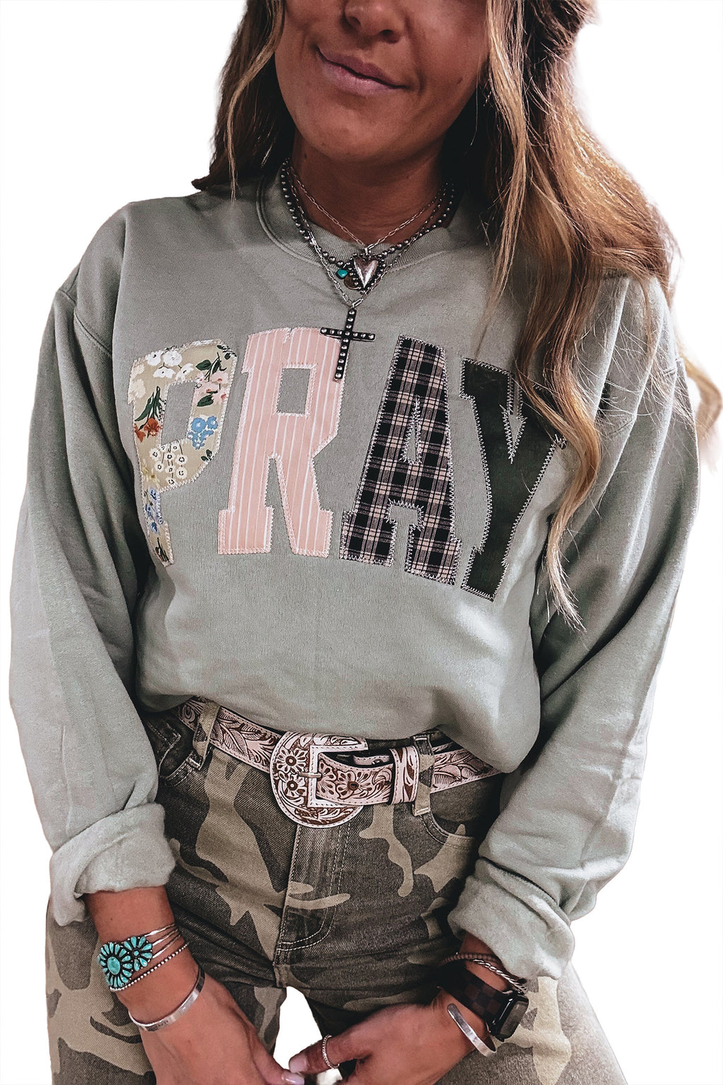 Green Bay Floral Buffalo Plaid Striped Embroidered Patch Western Pullover Sweatshirt