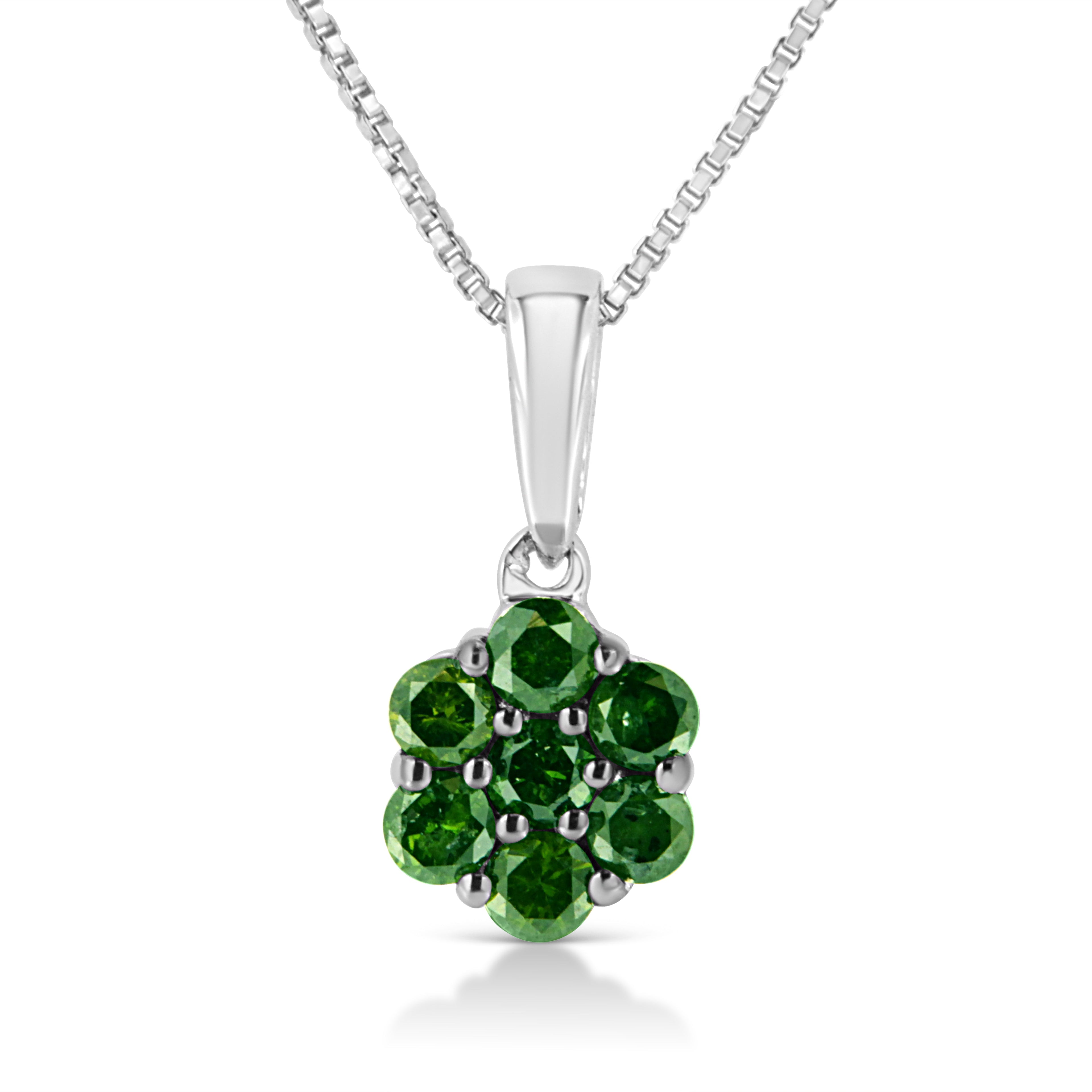 .925 Sterling Silver 1/2 Cttw Prong Set Treated Green Diamond Floral Cluster 18" Pendant Necklace (Green Color, I1-I2 Clarity) Bids.com