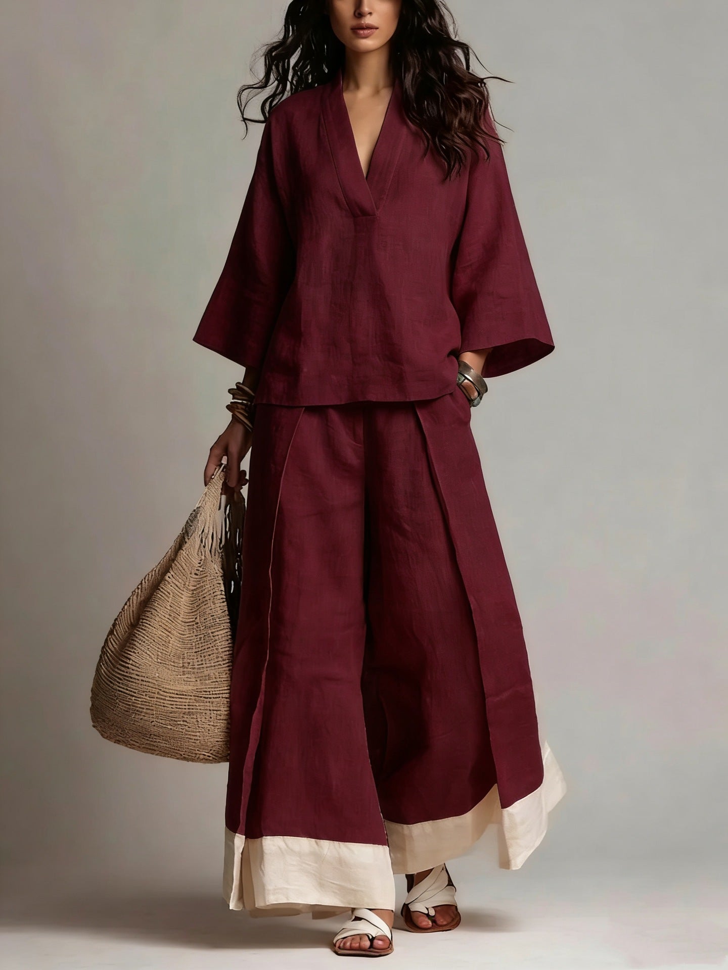 Women's Cotton-Linen V-Neck 3/4 Sleeve Shirt & Wide-Leg Pants Set FitiqueFit