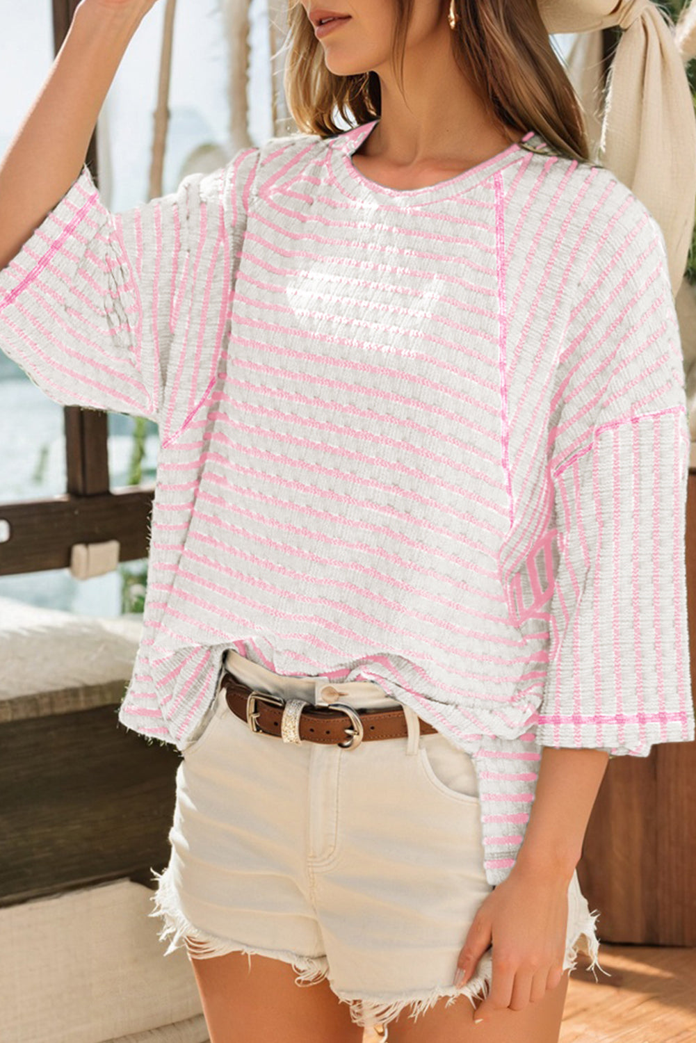 Sky Blue Stripe Textured Knit Split Hem Half Sleeve Loose Top