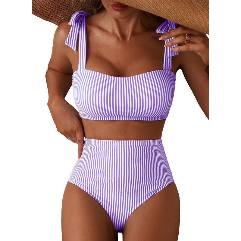 Tie-Shoulder Striped High-Waisted Bikini Set – Two-Piece Swimsuit for Women FitiqueFit