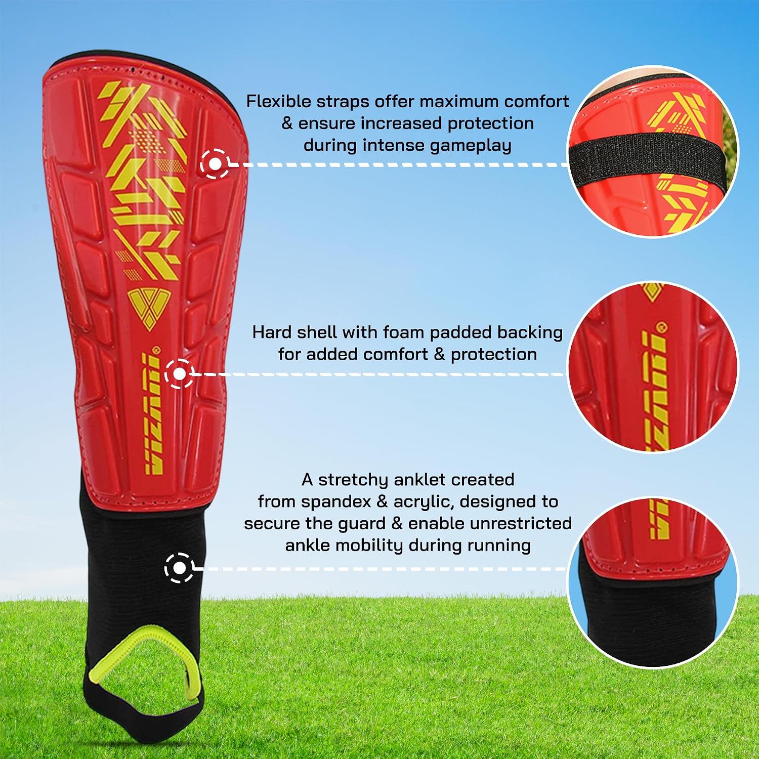 Vizari Malaga Soccer Shin Guards for Youth & Adults -Lightweight Ankle Protection – Red Vizari Sports