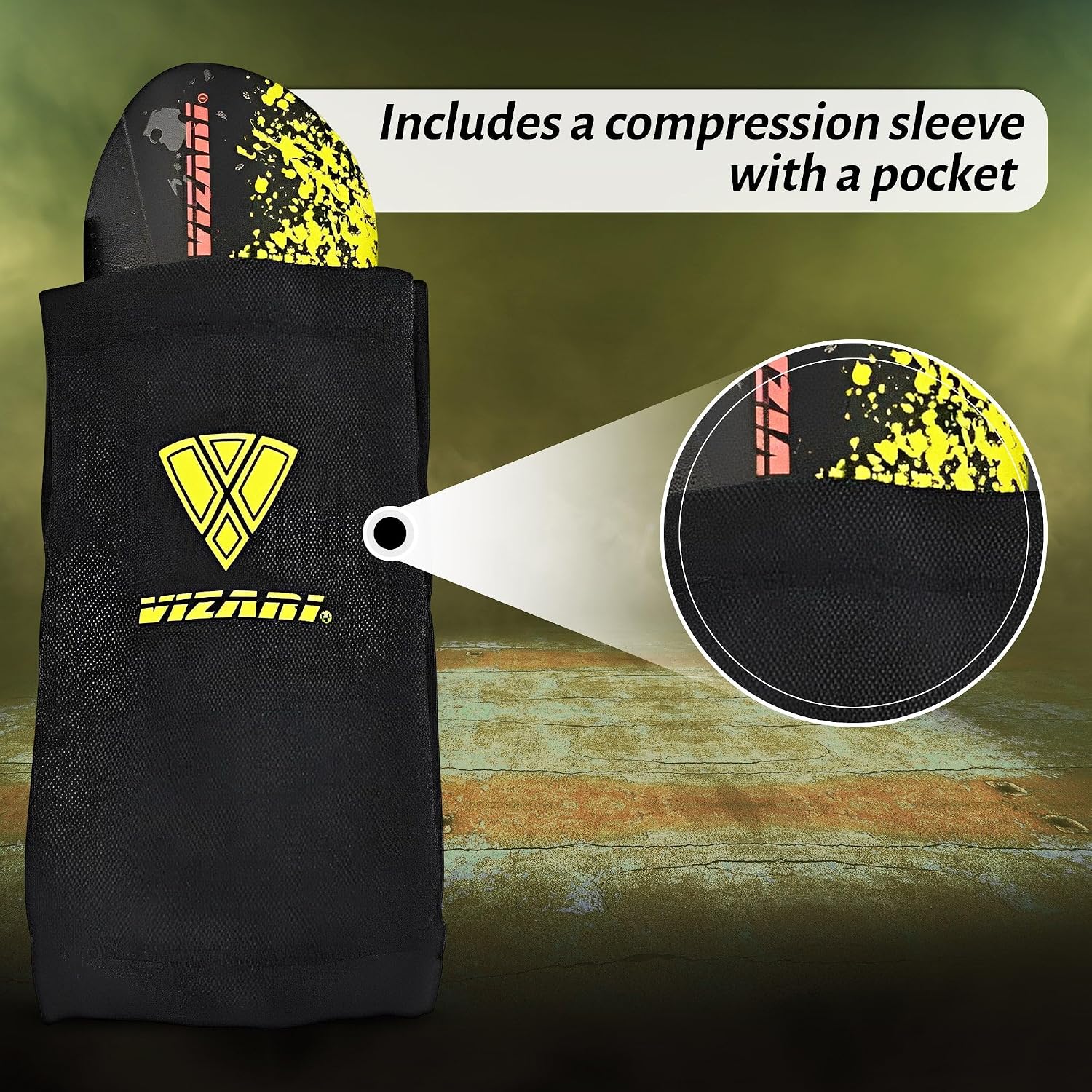 Vizari Sports Elite Soccer Shin Guard with Compression Sleeve, Black/Yellow/Red Vizari Sports
