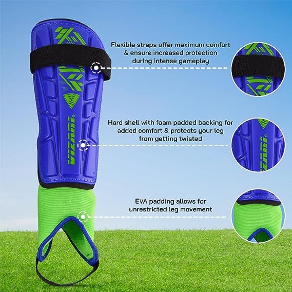 Malaga Soccer ankle protection Shin Guard with Adjustable Straps-Blue/Green Vizari Sports
