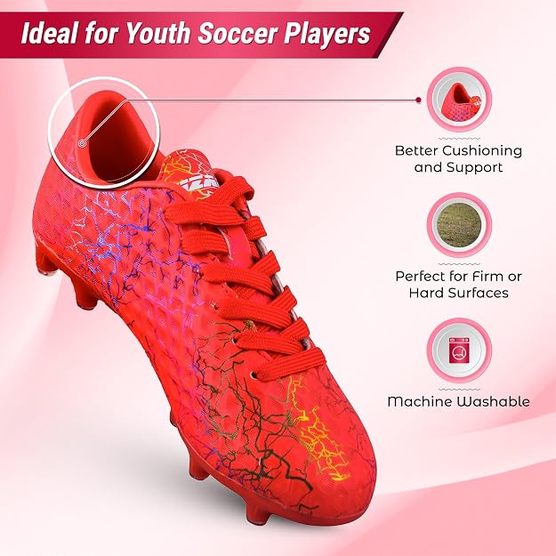 Vizari Zodiac Junior Kids Firm Ground (FG) Soccer Cleats -Red, Youth Sizes 8C Vizari Sports