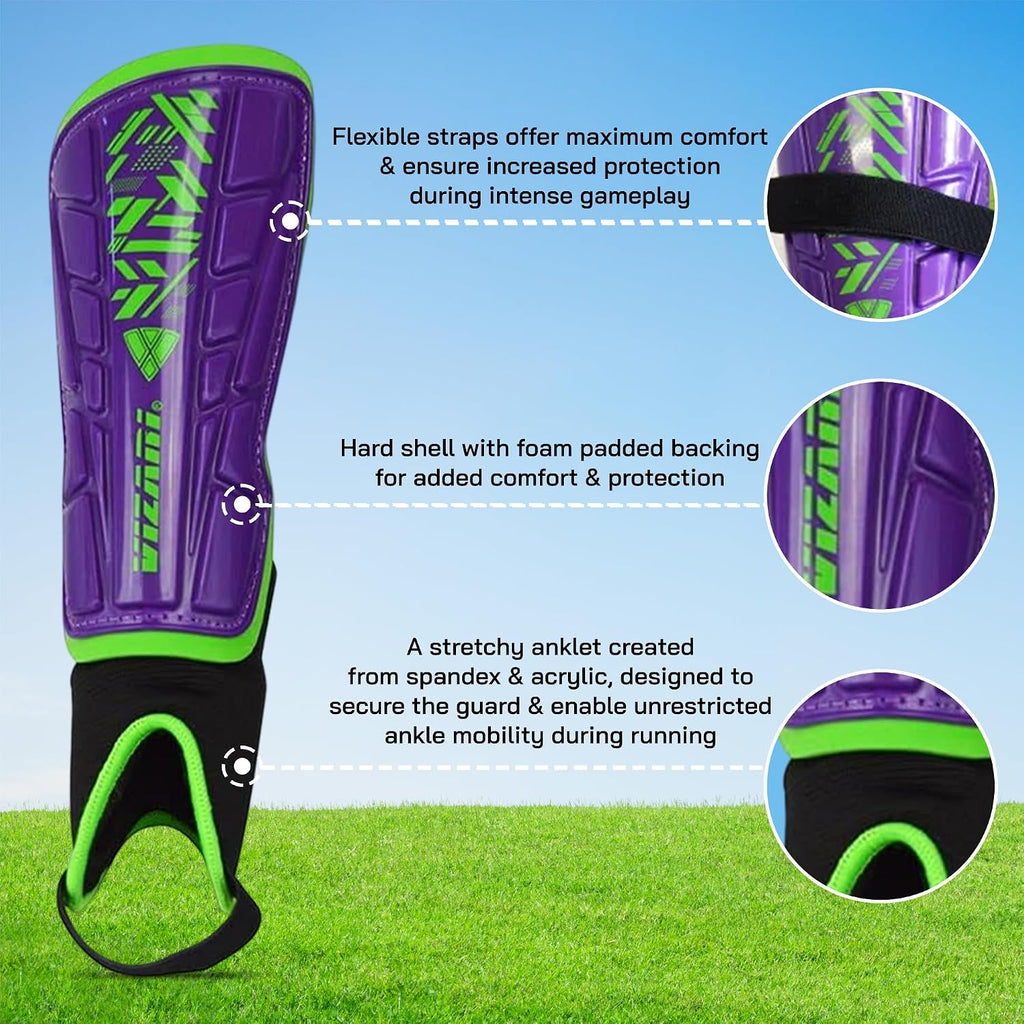Vizari Malaga Soccer Shin Guards for Youth & Adults -Lightweight Ankle Protection – Purple/Green Vizari Sports