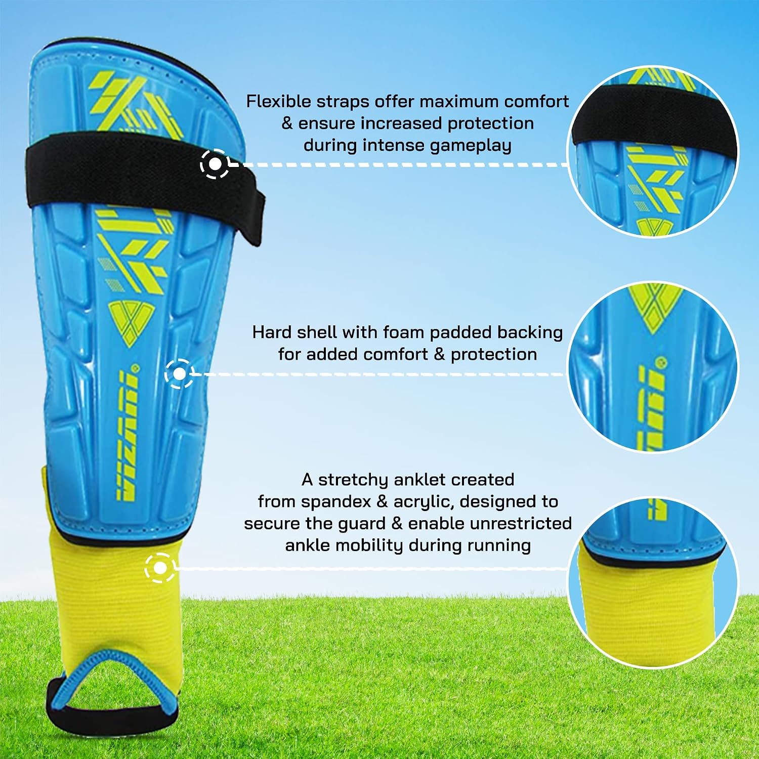 Vizari Malaga Soccer Shin Guards for Youth & Adults -Lightweight Ankle Protection – Sky/Yellow Vizari Sports