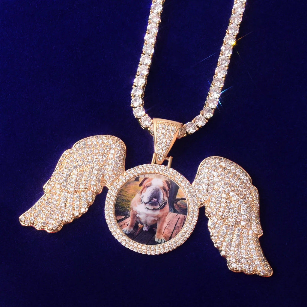 Large Winged Round Photo Copper Hip Hop Photo Frame Pendant Necklace