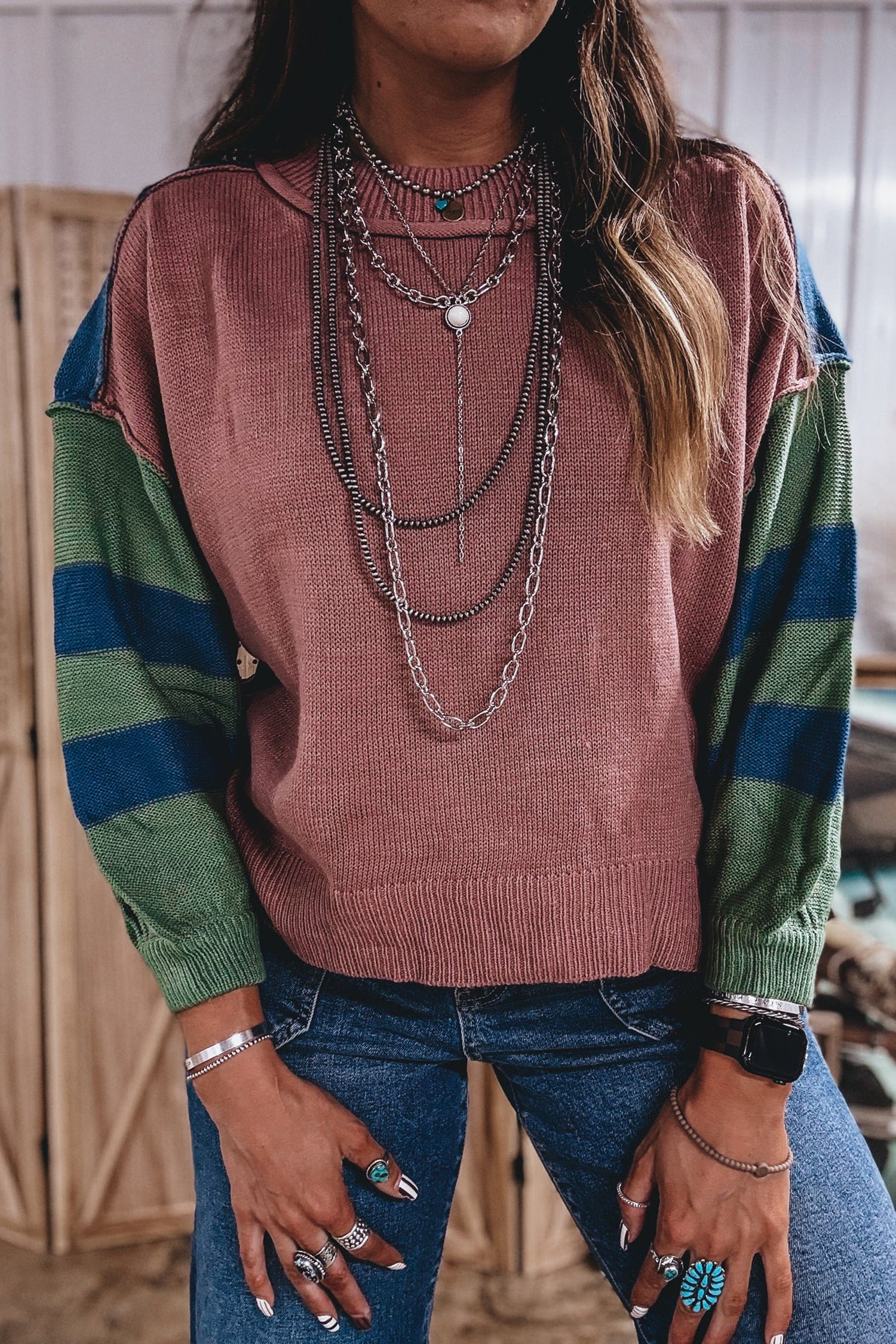 Multicolour Western Colorblock Patchwork Striped Long Sleeve Pullover Sweater