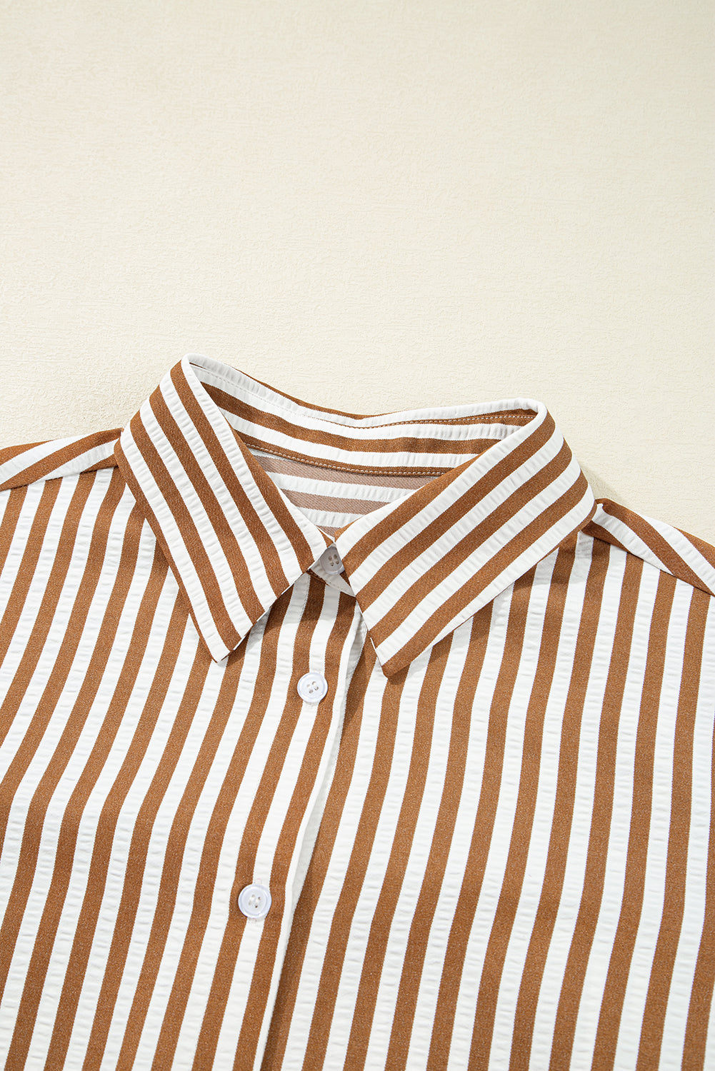 Brown Stripe Ruffle Hem Collared Long Sleeve Shirt Mini Dress