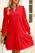 Fiery Red Striped Collar Long Sleeve Ruffle Hem Dress
