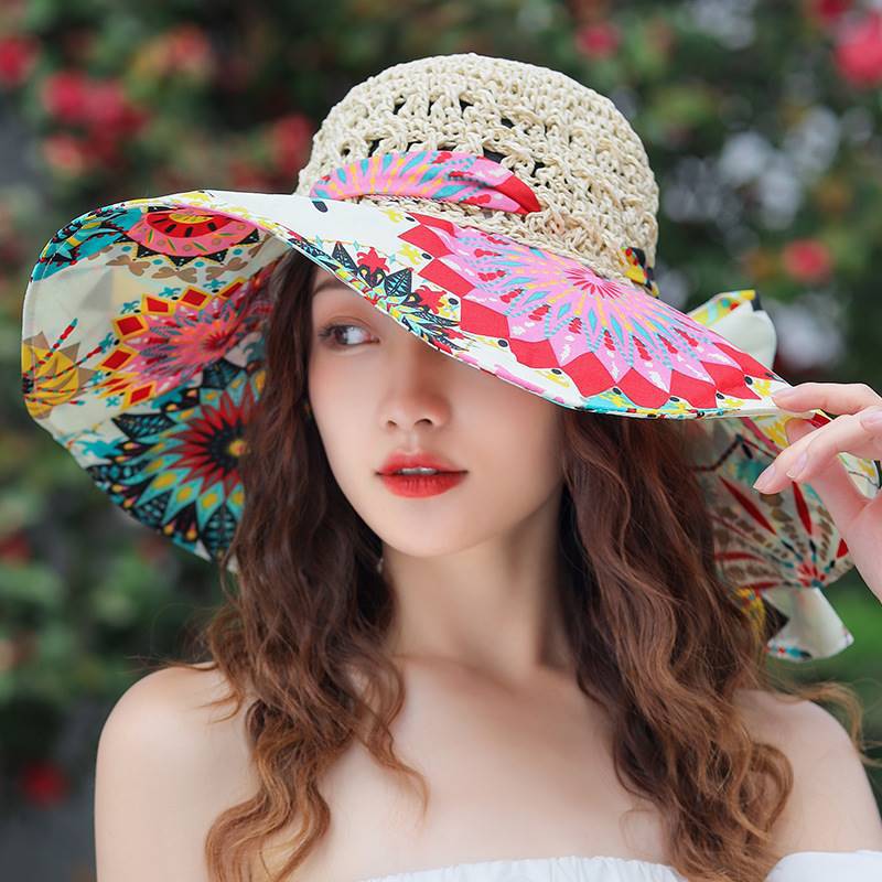 Women's Patterned Straw Beach Sun Hat – Round Crown UV Protection Summer Hat FitiqueFit