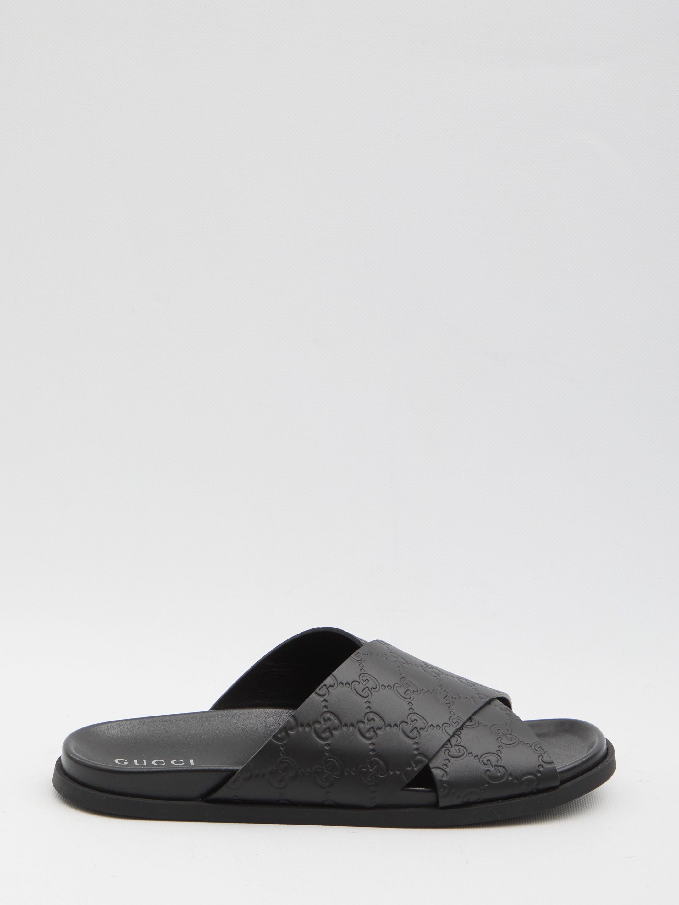 GUCCI Men's Leather Slide Sandals with Braided Strap and Embossed Logo - Comfortable Rubber Sole Banlieue91