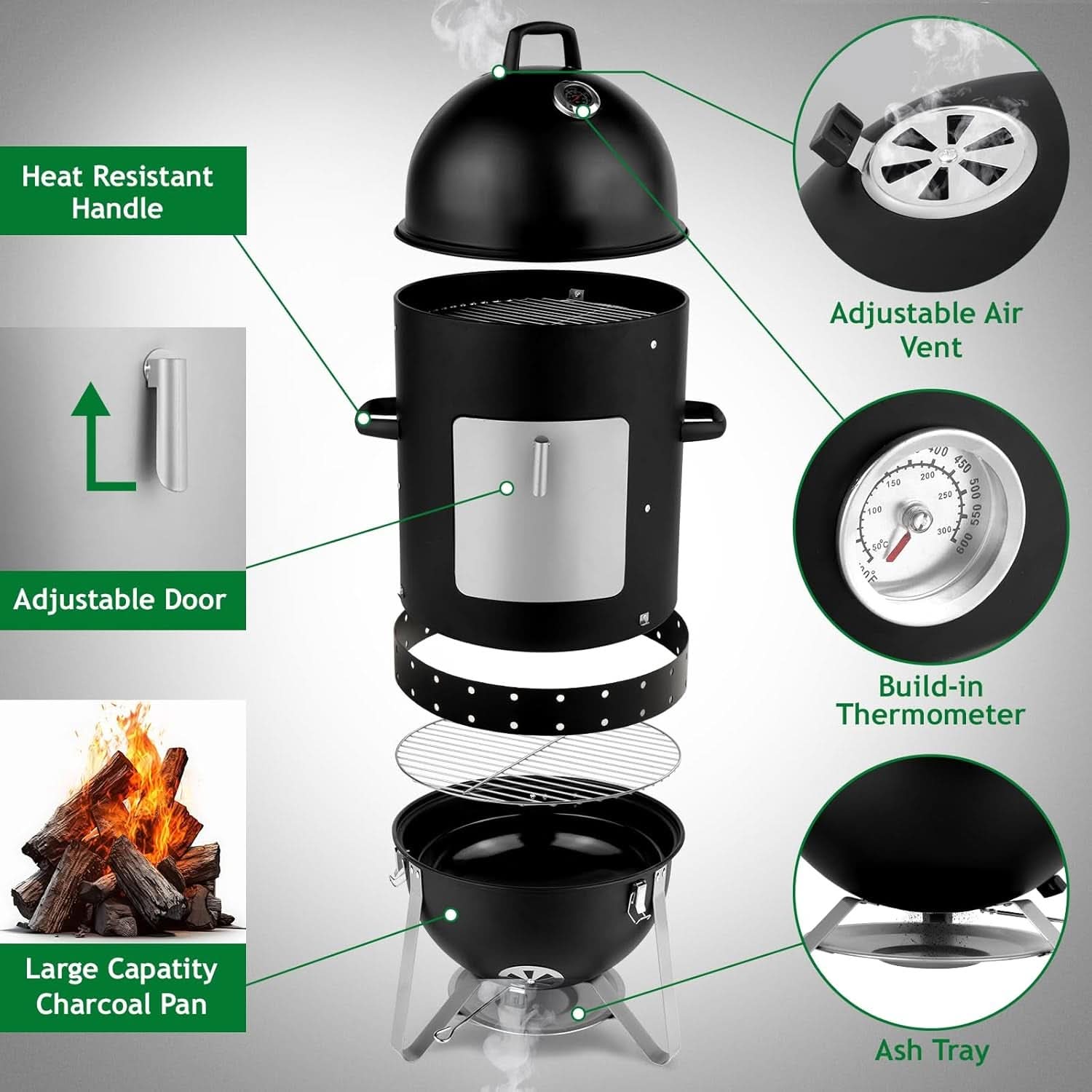 Vertical 18.8 Inch Charcoal Smoker With Thermometer