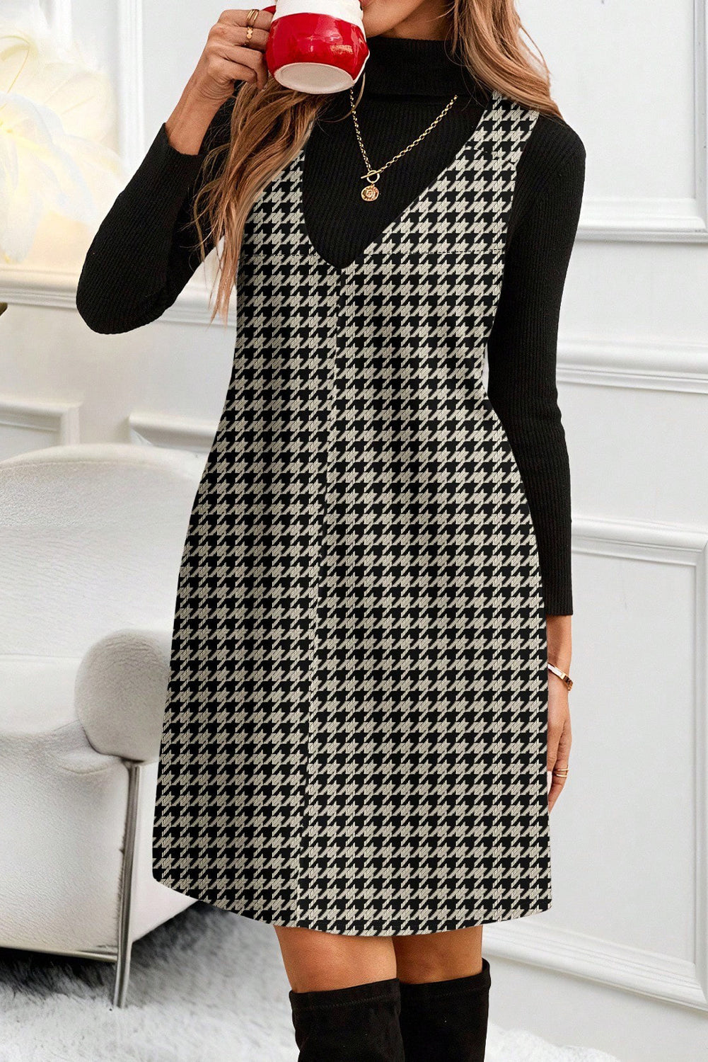 Red Houndstooth Print V Neck Sleeveless Mini Dress Shewin