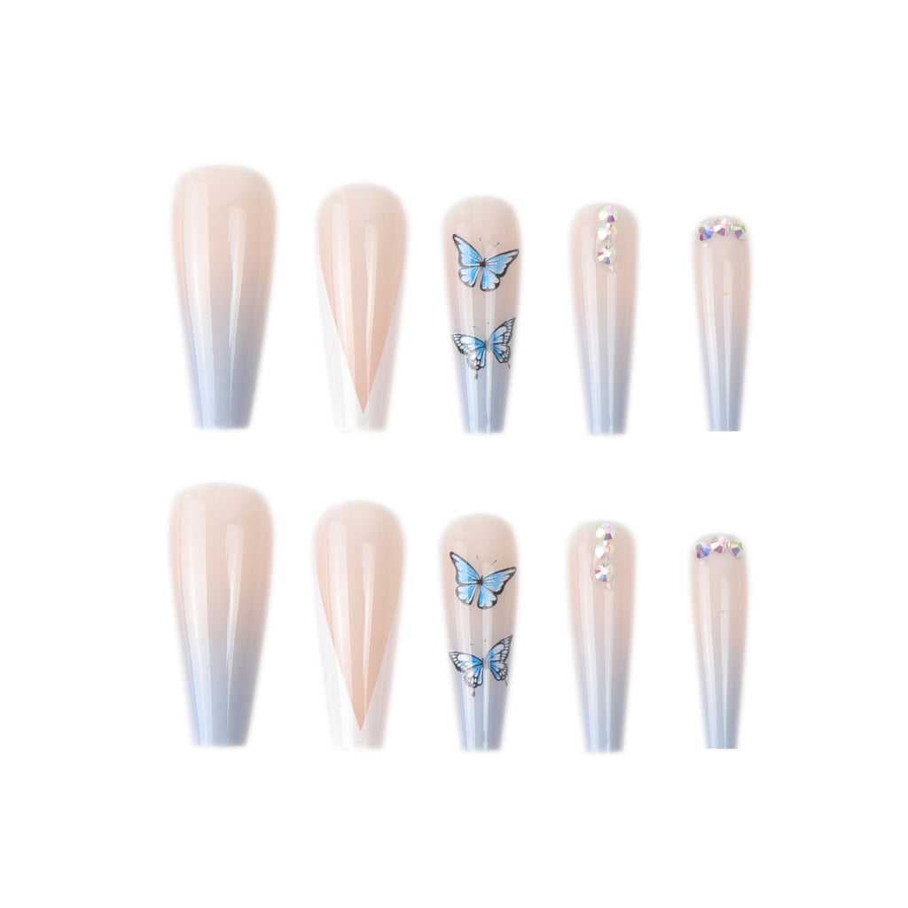Ins Net Red With The Same Blue Butterfly Point Drill V-Shaped French Style Personality Trend Wearing Manicure Nail Patch