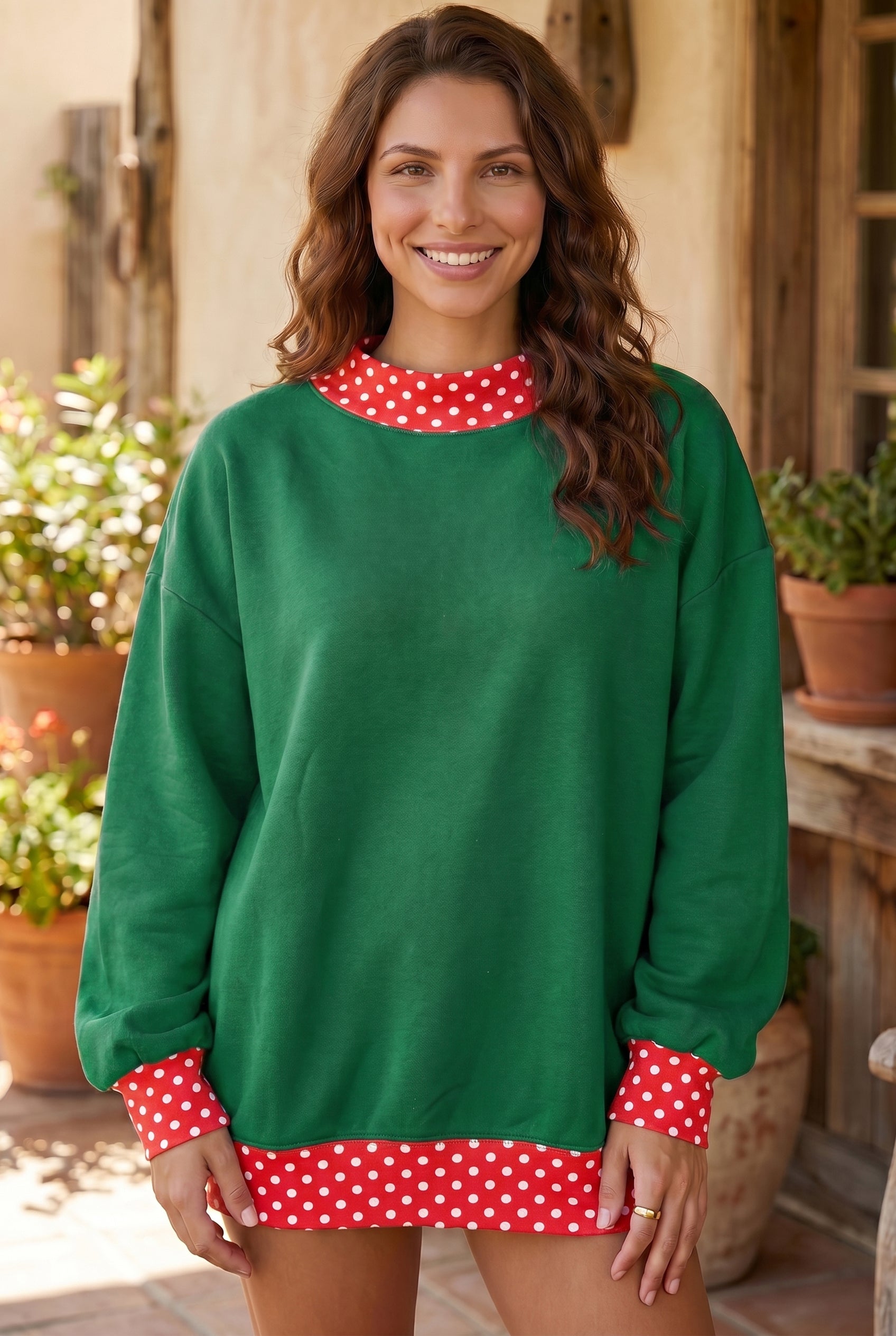 Brown Colorblock Polka Dot Contrast Trim Oversized Sweatshirt