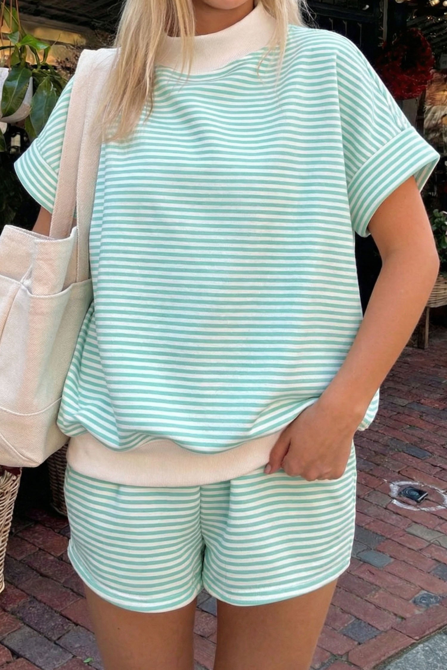 Sky Blue Stripe Cuffed Sleeve Contrast Mock Neck Tee Casual 2pcs Short Set Shewin