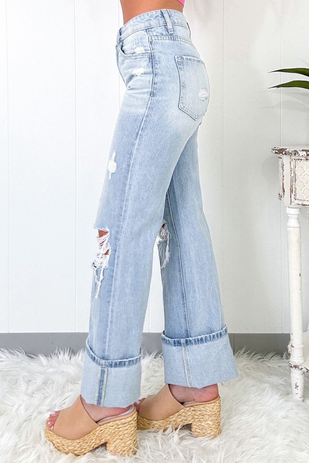 Beau Blue Light Wash Distressed Flare Jeans Shewin