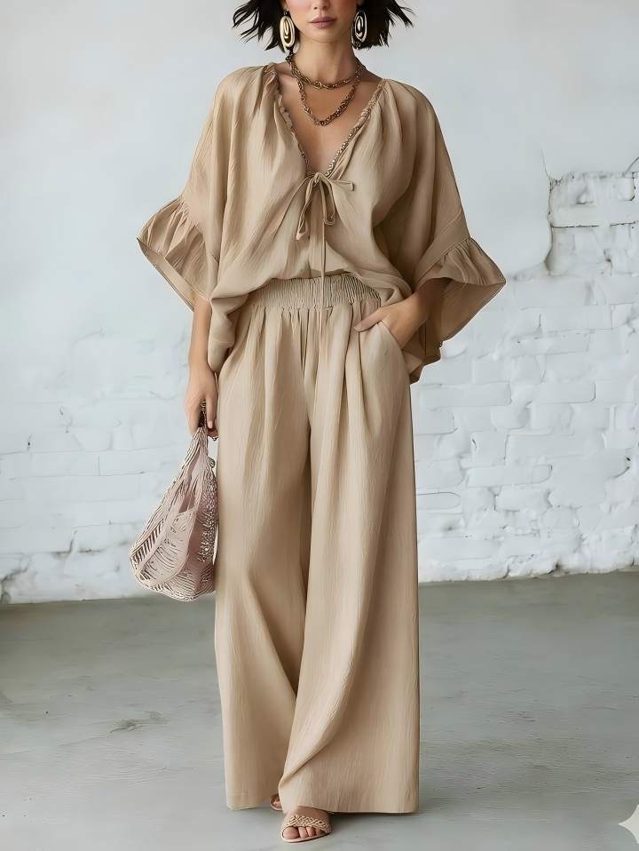 Women's Loose-Fit V-Neck Top & Wide-Leg Pants Two-Piece Set FitiqueFit