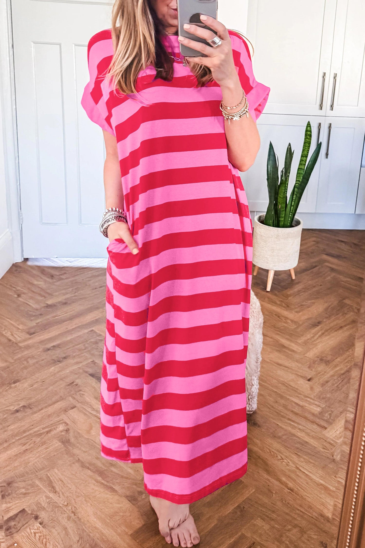 Orange Stripe Cuffed Short Sleeve Pocketed Casual T Shirt Long Dress Shewin