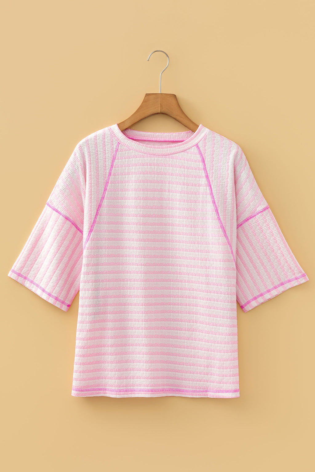 Sky Blue Stripe Textured Knit Split Hem Half Sleeve Loose Top