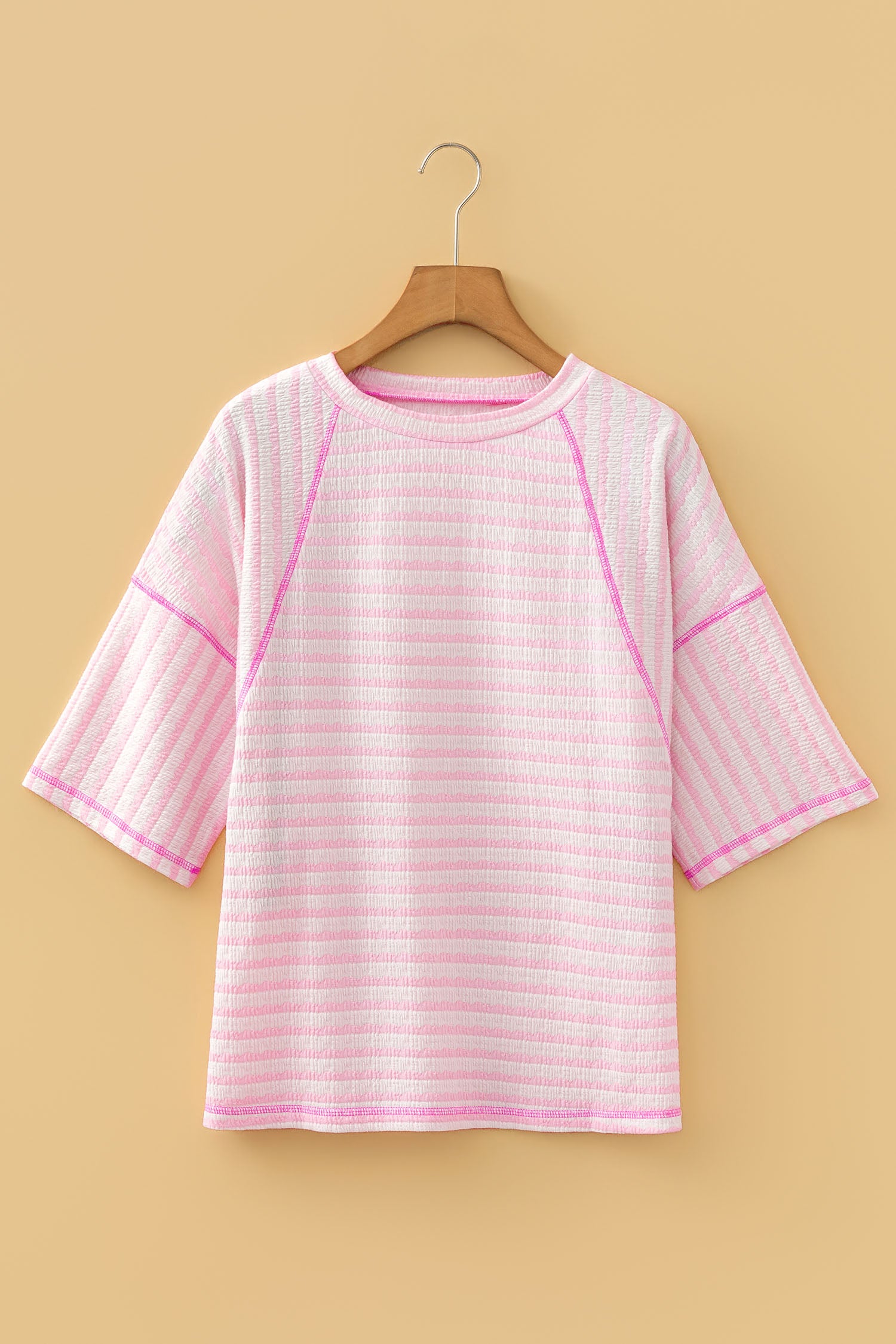 Sky Blue Stripe Textured Knit Split Hem Half Sleeve Loose Top