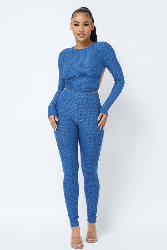 Honeycomb Open Back Leggings Set – Textured 2 Piece Outfit Rose In Concrete 🥀