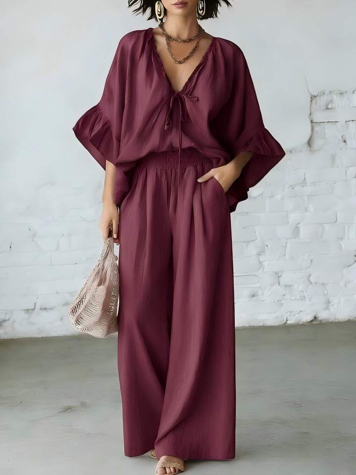 Women's Loose-Fit V-Neck Top & Wide-Leg Pants Two-Piece Set FitiqueFit