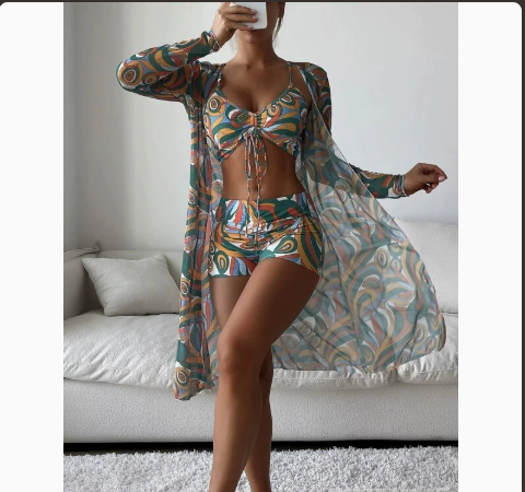 Mesh Cover-Up Three-Piece Swimwear Set – Bikini with Leg-Length Briefs FitiqueFit