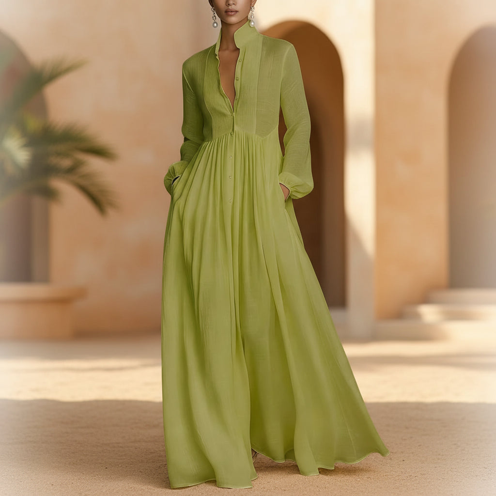 Women's French Style Long Sleeve Pleated A-Line Maxi Dress FitiqueFit