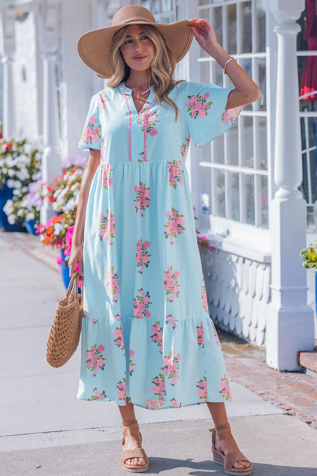 Pink Notched Neck Flutter Short Sleeve Floral Print Maxi Dress