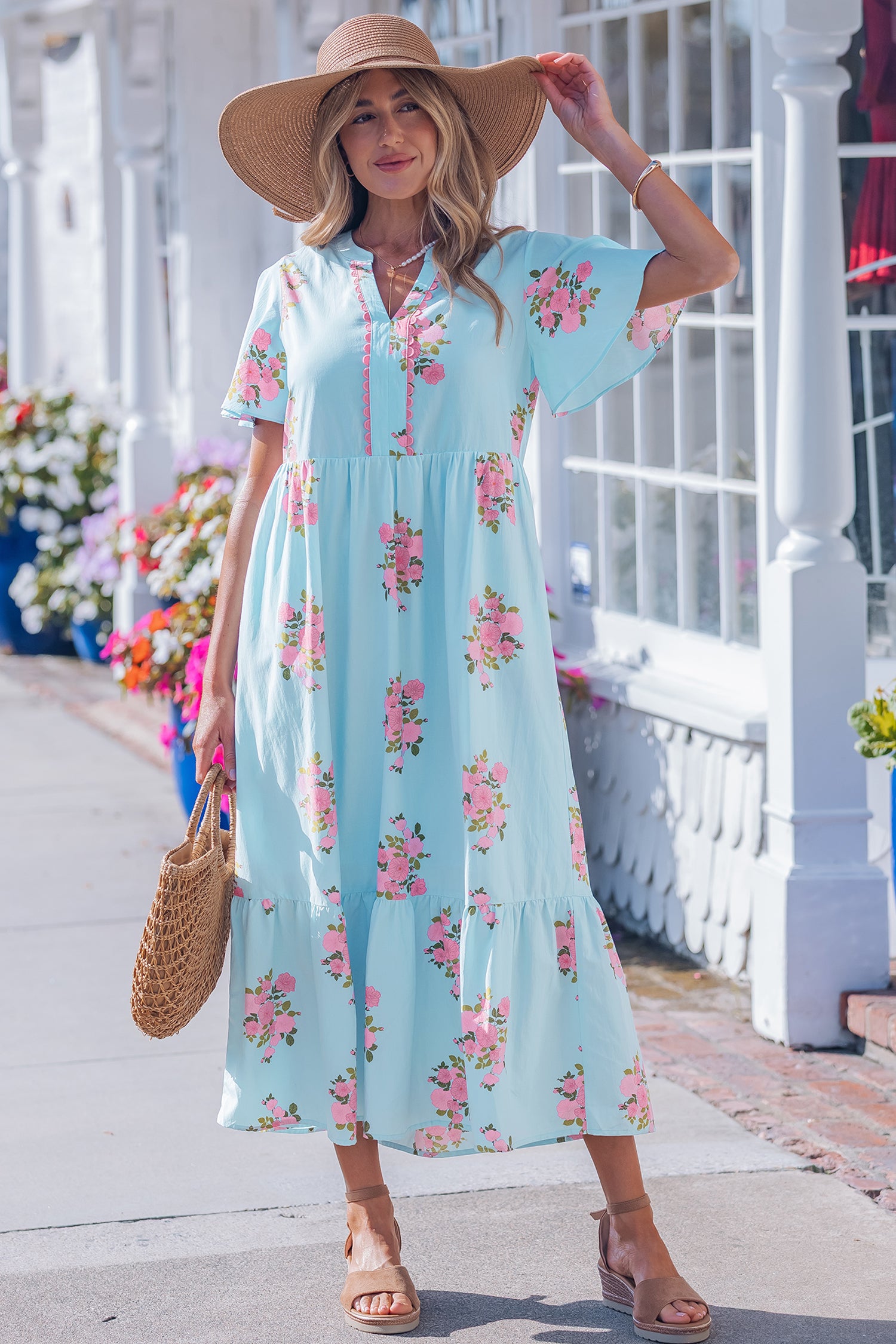 Pink Notched Neck Flutter Short Sleeve Floral Print Maxi Dress