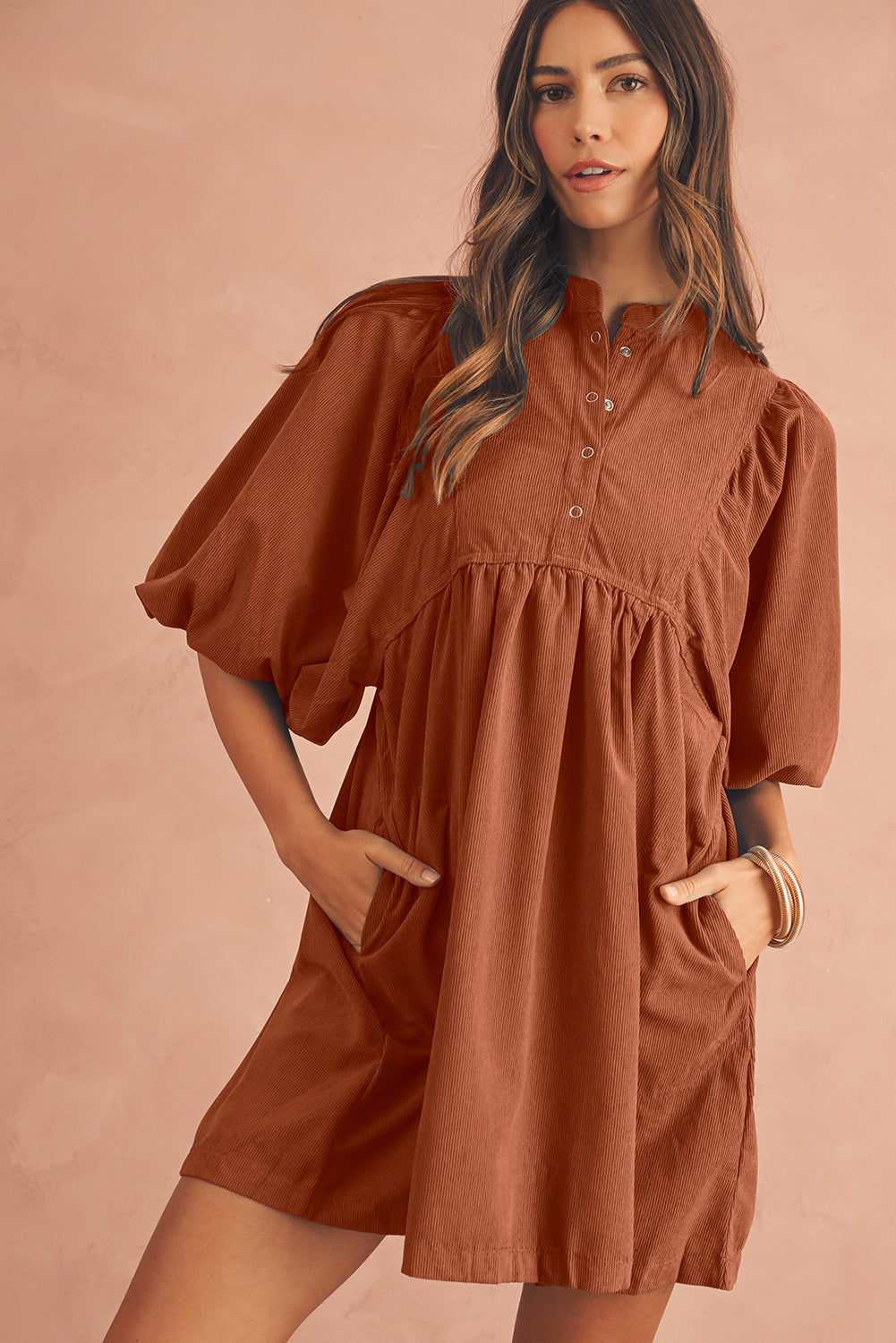 Gold Flame Light Snap Button Empire Waist Lantern Sleeve Corduroy Dress