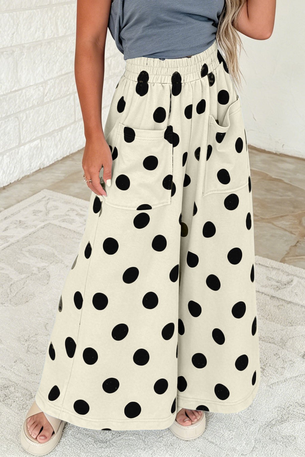 Sky Blue Polka Dot Wide Leg Elastic Waist Casual Pants