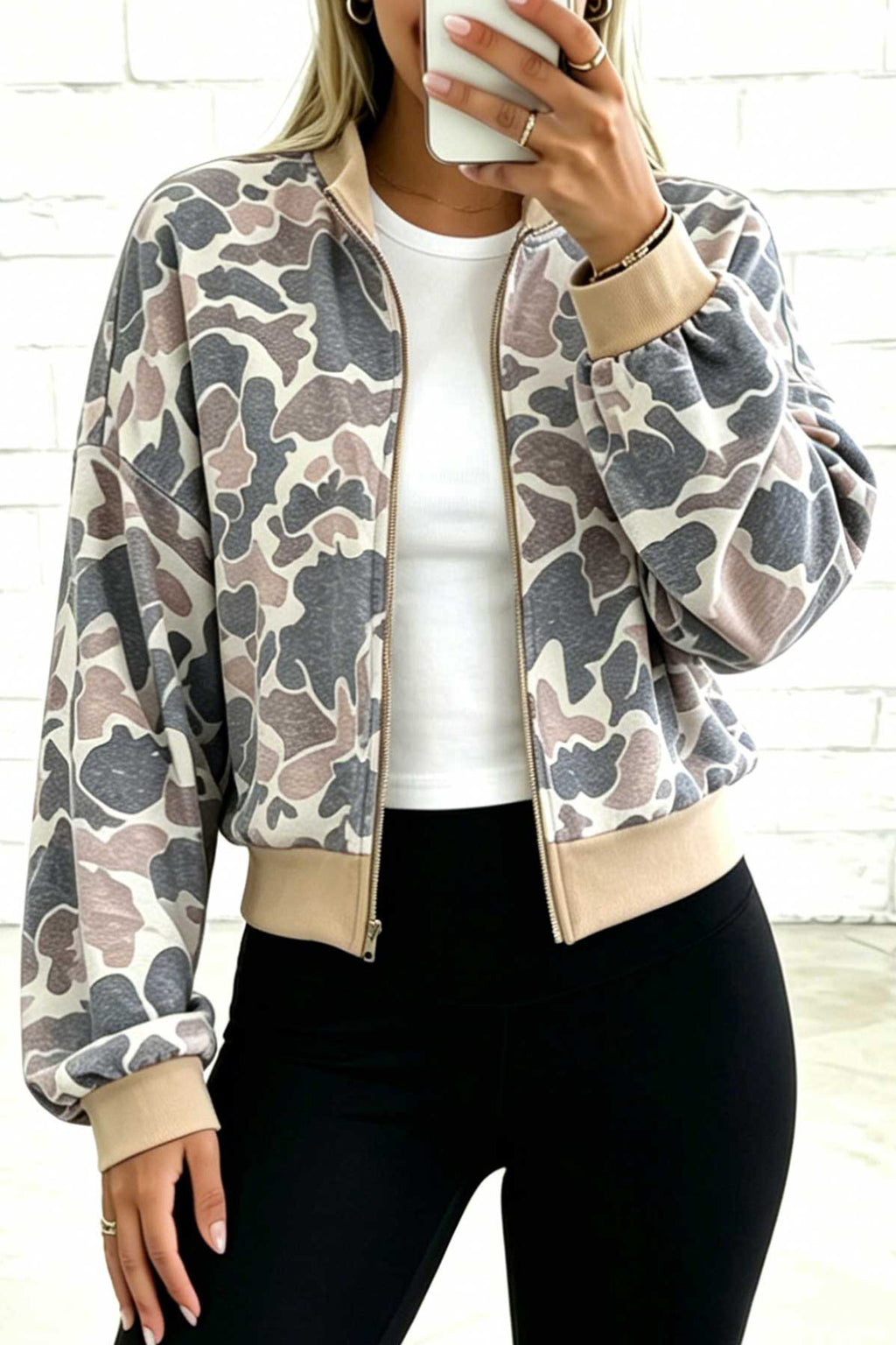 Multicolour Camouflage Print Color Block Trim Zip Bomber Jacket