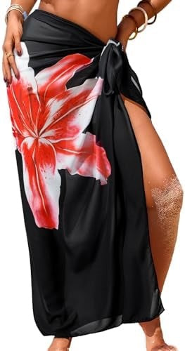 Sheer Chiffon High-Slit Swim Cover-Up Dress – Floral Print, One Size FitiqueFit