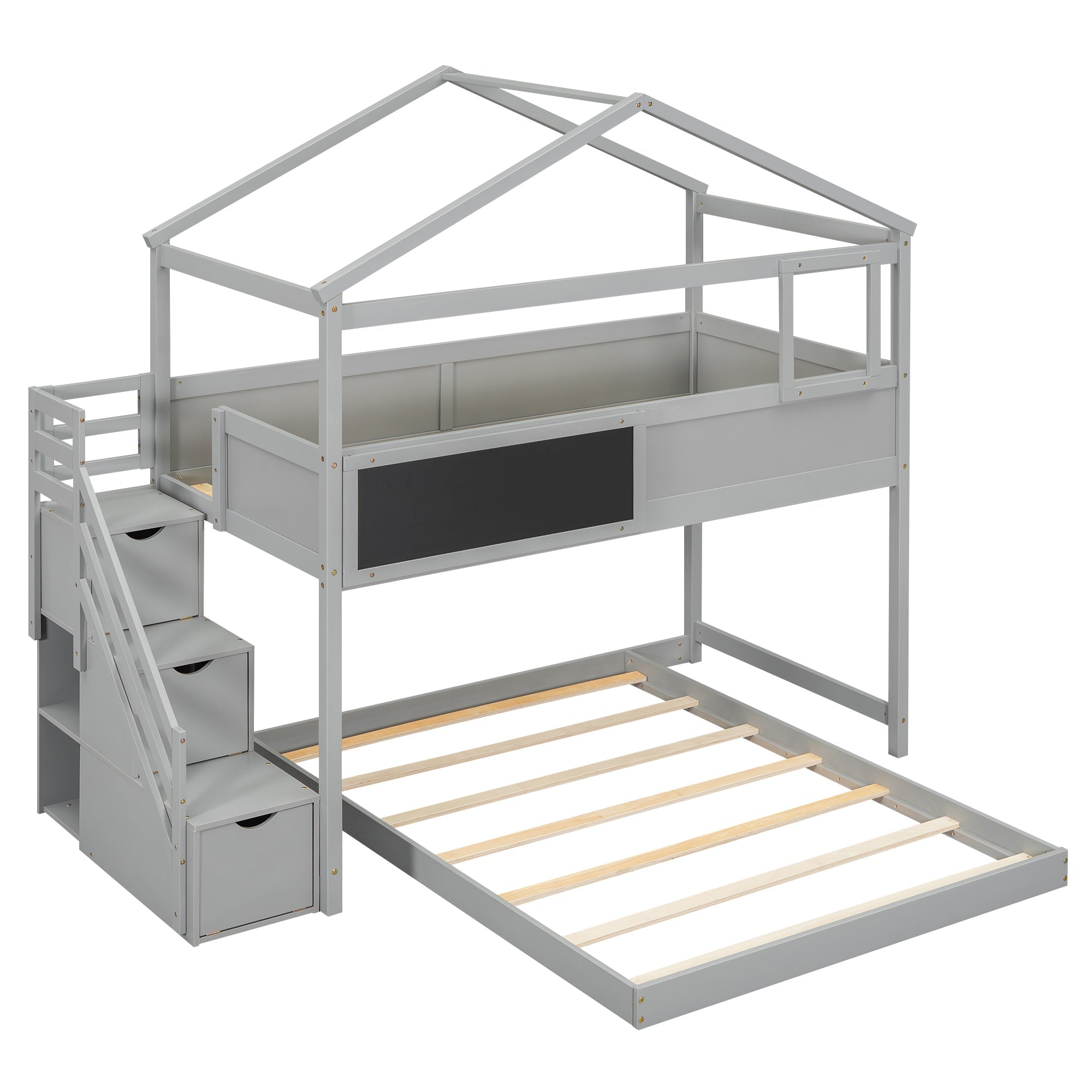 Twin over Full House Bunk Bed with Storage Staircase and Blackboard Gray