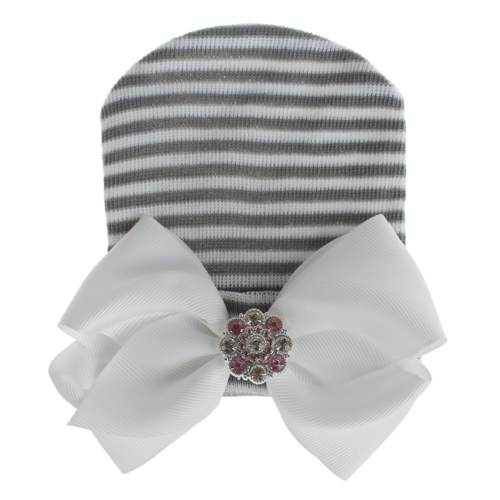 European and American Big Bow Glittering Diamond Pink Stripe Girl Baby Knitted Hat Newborn Baby Pullover Hat V.I.P Digital Presence