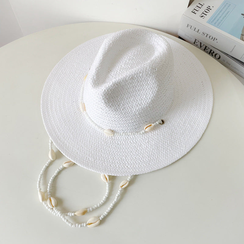 Vintage Seashells Beaded Beach Hats With Chain For Women Elegant Outdoor Ladies Hat Beach Hats Women Seashells Sun Hat Fashion Straw Fedoras Sun Hats Summer Portable Charming Hat Stevvex