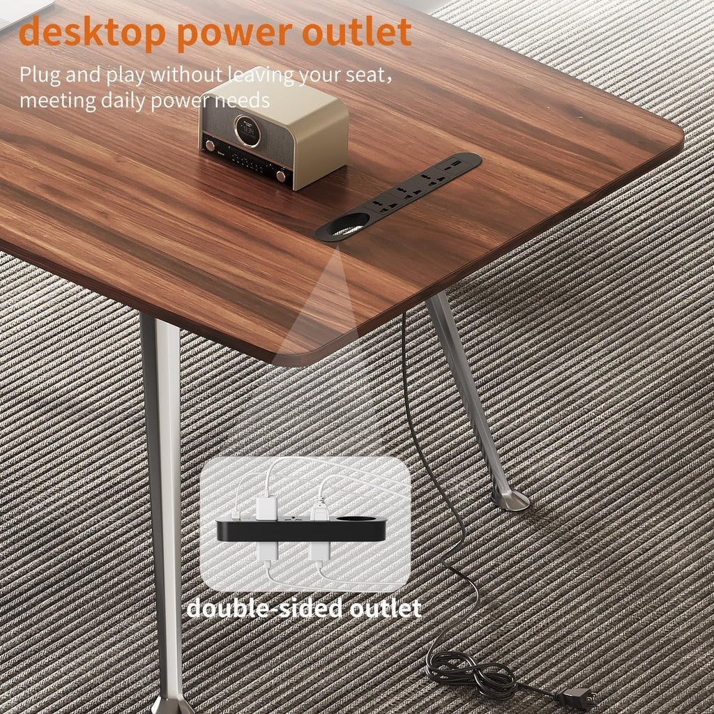 60 Inch Writing Computer Desk With Chrome Legs And Built In Power Outlet