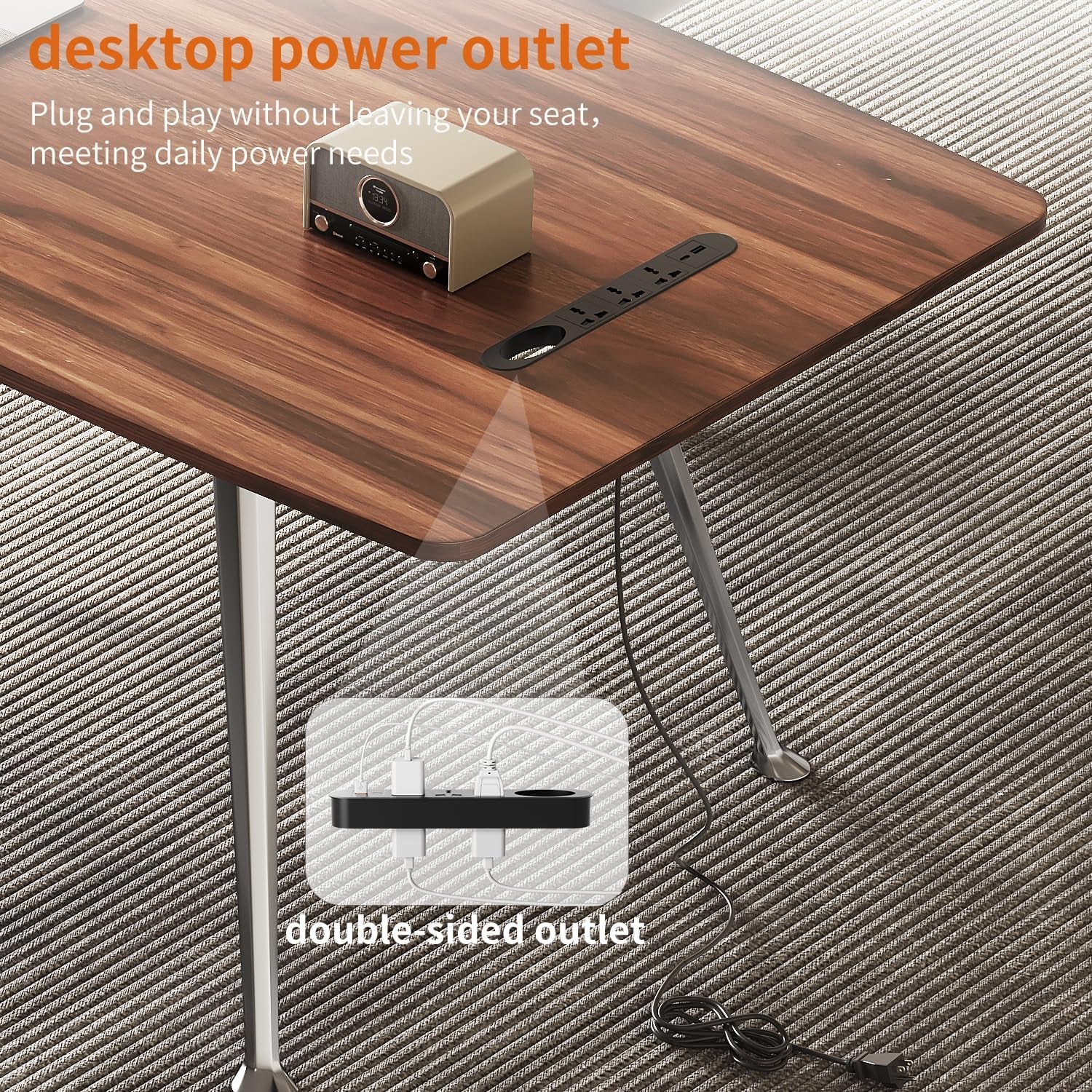 60 Inch Writing Computer Desk With Chrome Legs And Built In Power Outlet