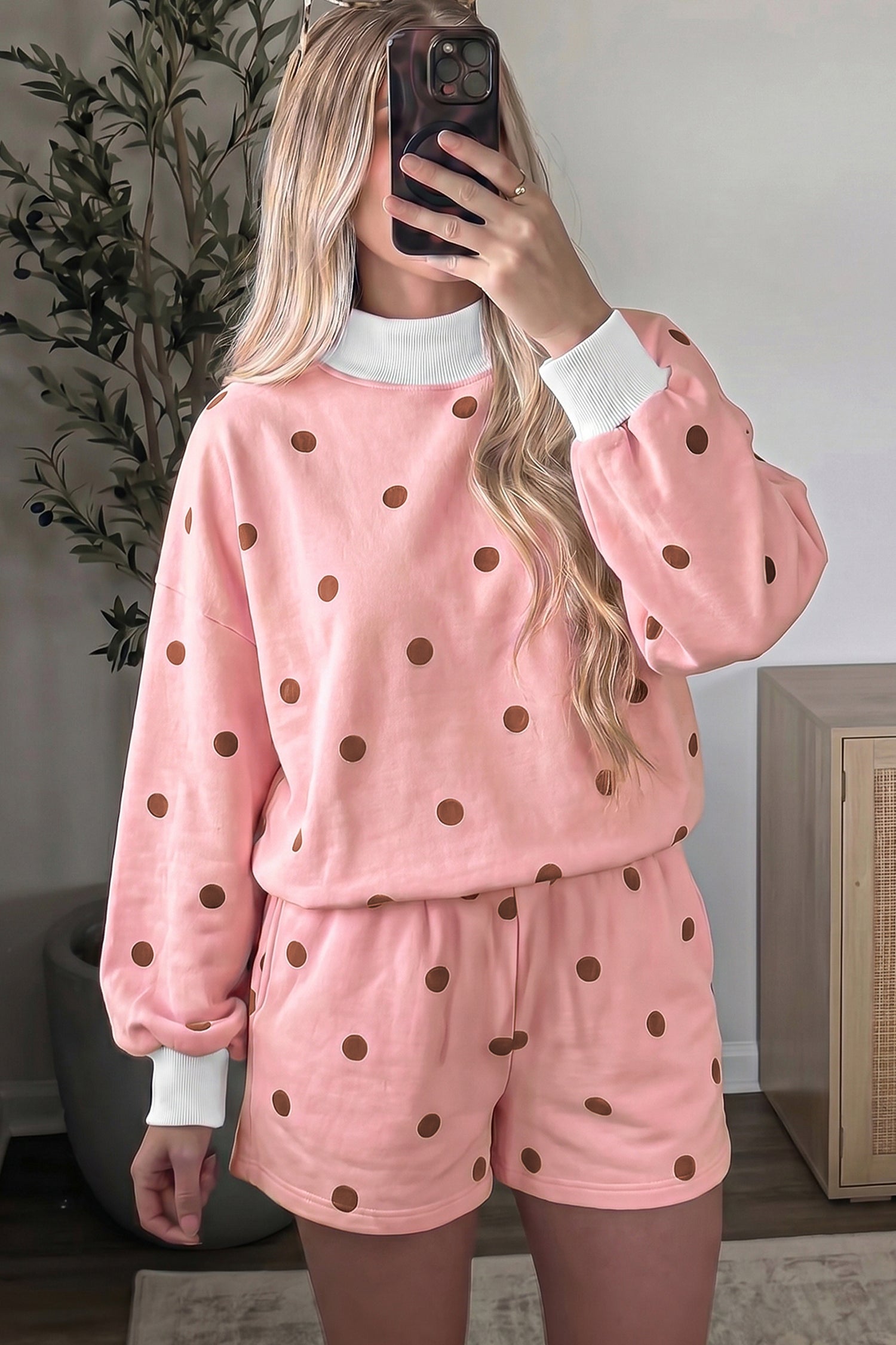 Brown Polka Dot Ribbed Trim Long Sleeve Top Casual Short Set