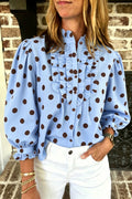 Sky Blue Polka Dot Striped Print Ruffle Stand Neck 3/4 Sleeve Shift Shirt