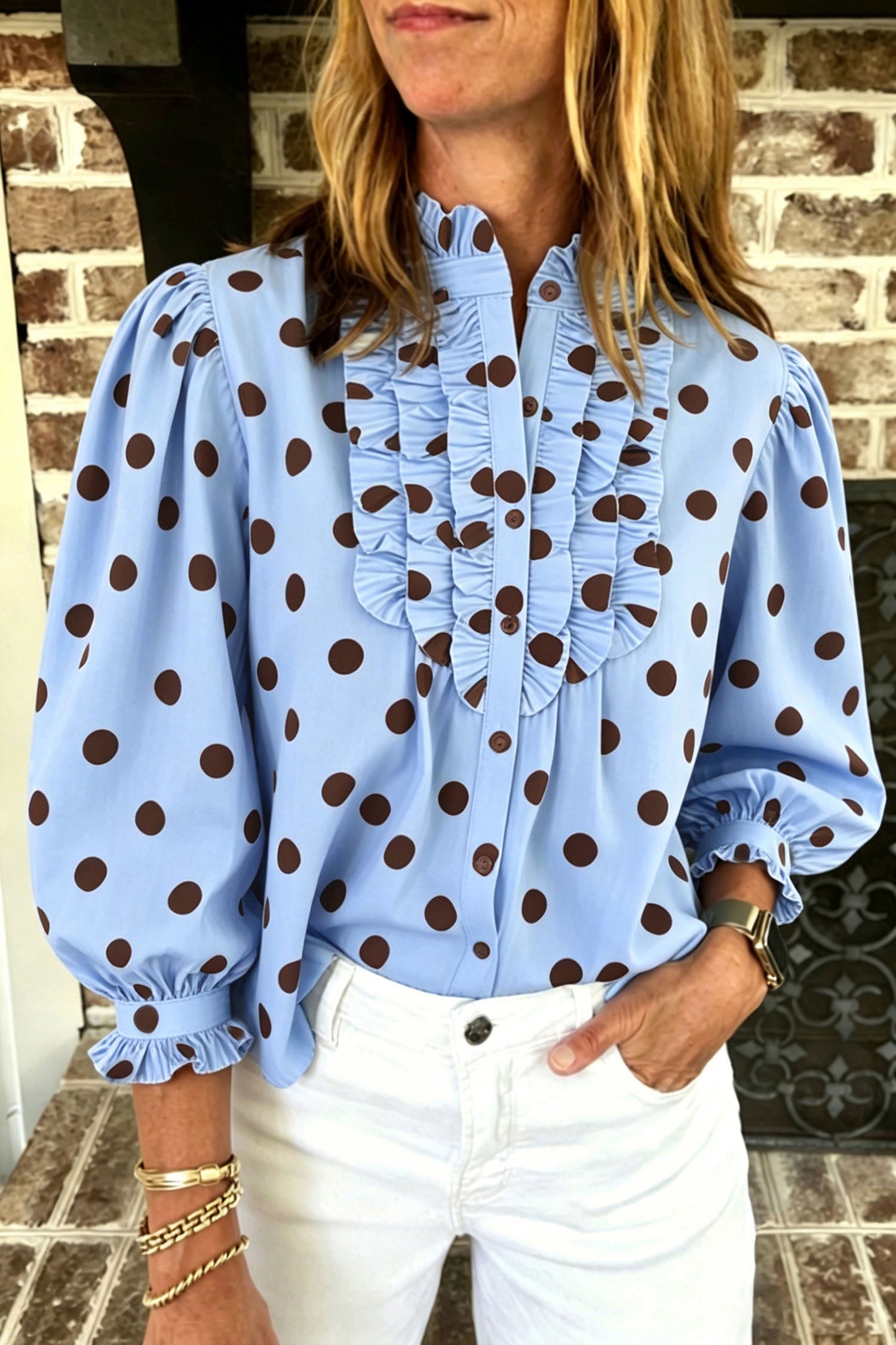 Sky Blue Polka Dot Striped Print Ruffle Stand Neck 3/4 Sleeve Shift Shirt