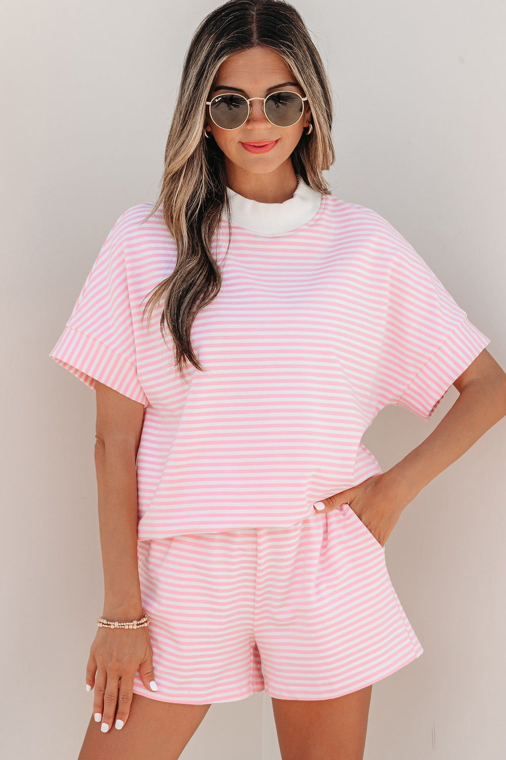 Sky Blue Stripe Cuffed Sleeve Contrast Mock Neck Tee Casual 2pcs Short Set Shewin