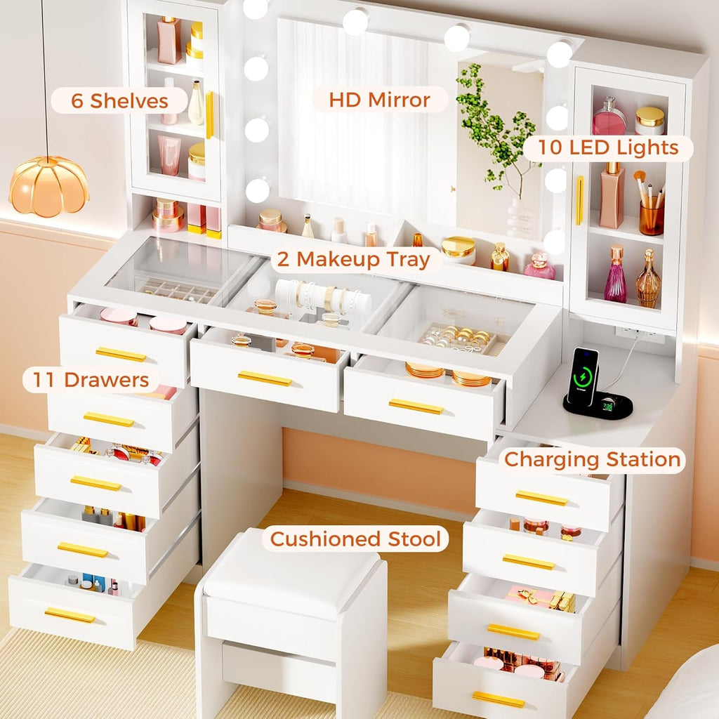 White Makeup Vanity Desk With Mirror Storage Drawers