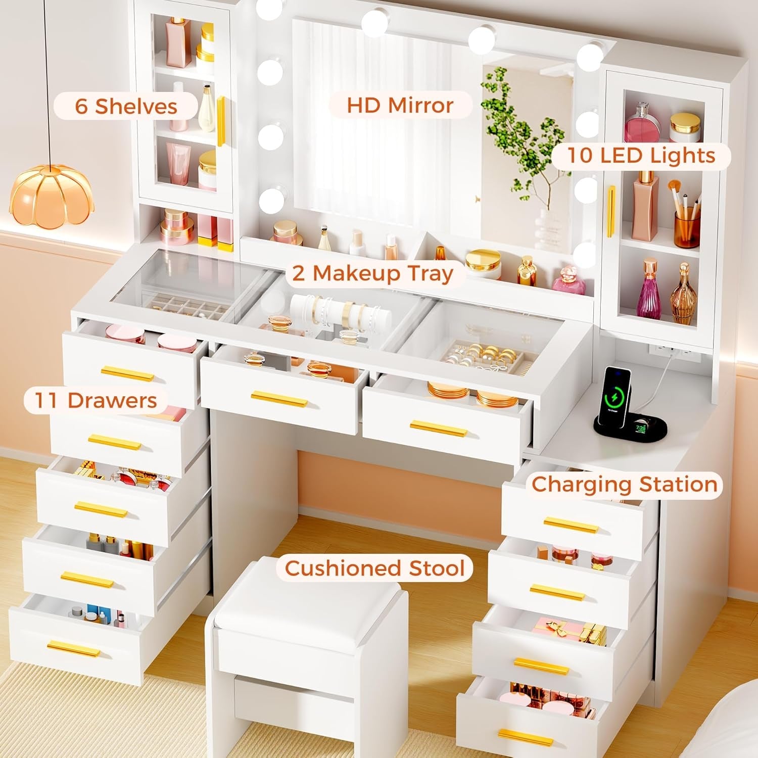 White Makeup Vanity Desk With Mirror Storage Drawers